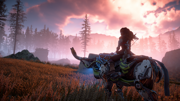 Aloy riding a mechanical creature in Horizon: Zero Dawn