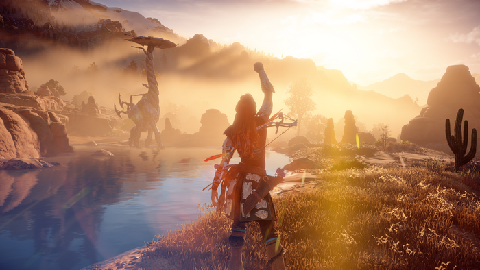 Aloy from Horizon Zero Dawn in a desert landscape