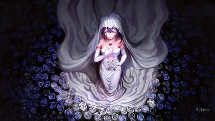 Bride in Wedding Dress Surrounded by Roses