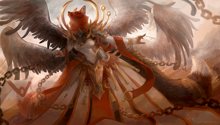 Anthro fox paladin with feathered wings and chains