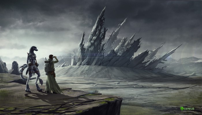 Anthro and human explorers in a desolate, rocky landscape