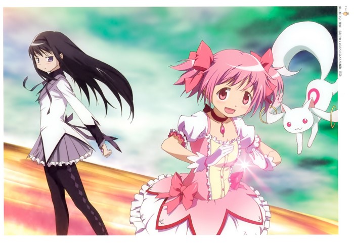 Madoka Kaname and Homura Akemi from Puella Magi Madoka Magica with Kyubey