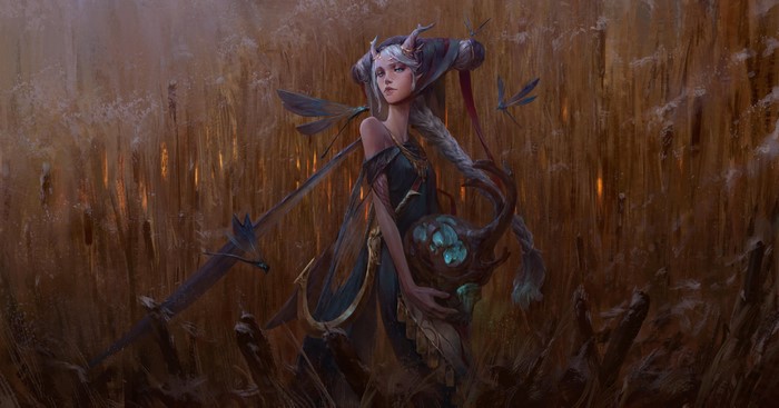 Fantasy girl with dragonflies and sword