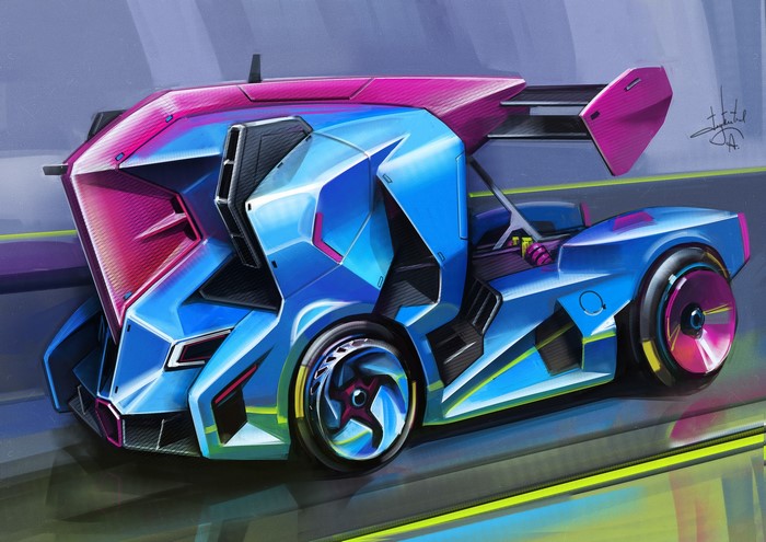 Blue and pink futuristic concept racing truck by Aleksandr Sidelnikov