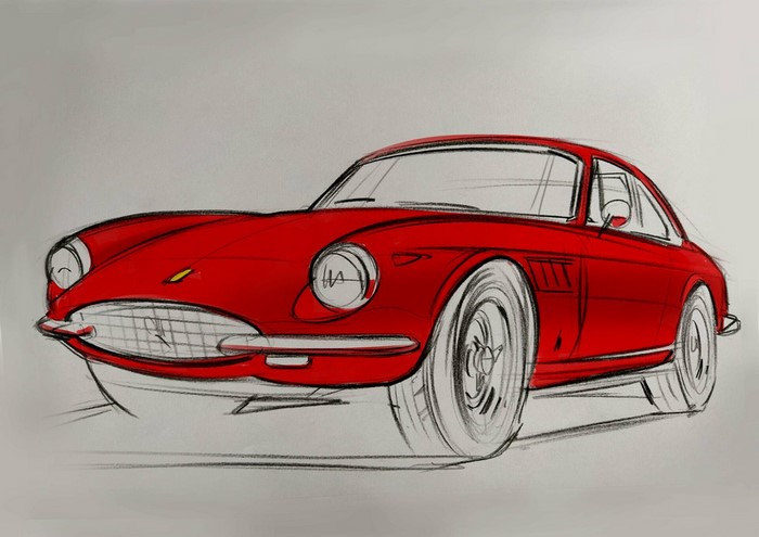 Red Ferrari sports car sketch by Aleksandr Sidelnikov