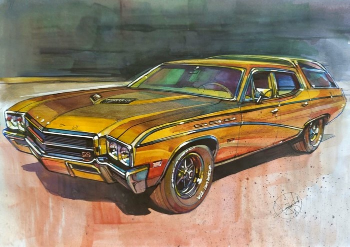 Buick GSX Station Wagon Watercolor Painting by Aleksandr Sidelnikov