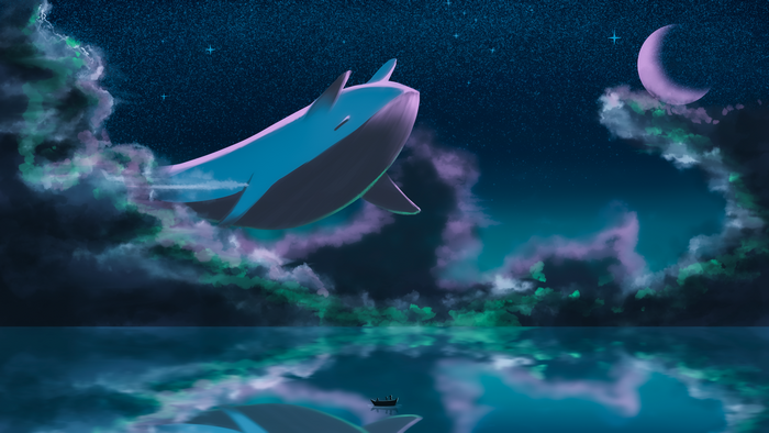 Fantasy art of a whale flying through the night sky
