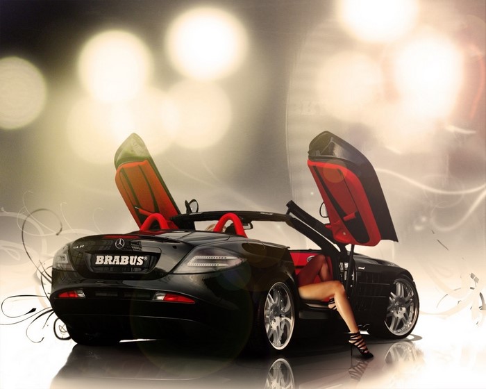 Woman in high heels sitting in a black Brabus Mercedes-Benz SLR McLaren convertible