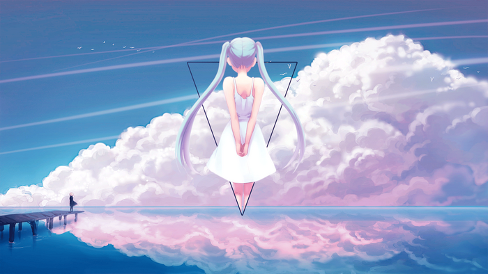 Hatsune Miku in a white dress with clouds and ocean reflection