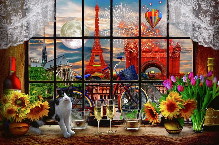 Painting of Paris scene with Eiffel Tower, fireworks, and cat