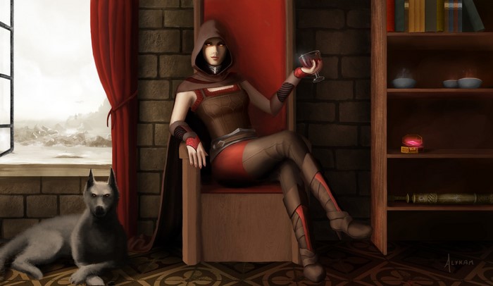 Serana from The Elder Scrolls V: Skyrim with a dog