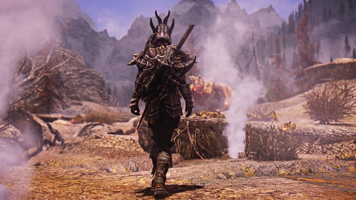 Dragonborn from The Elder Scrolls V: Skyrim in a misty wasteland