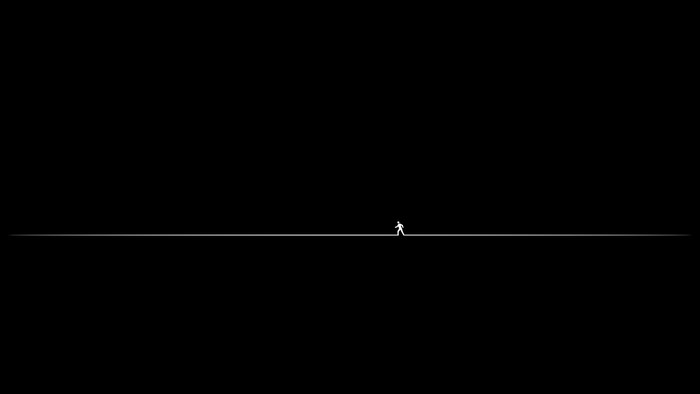 A lone figure walks on a thin white line against black