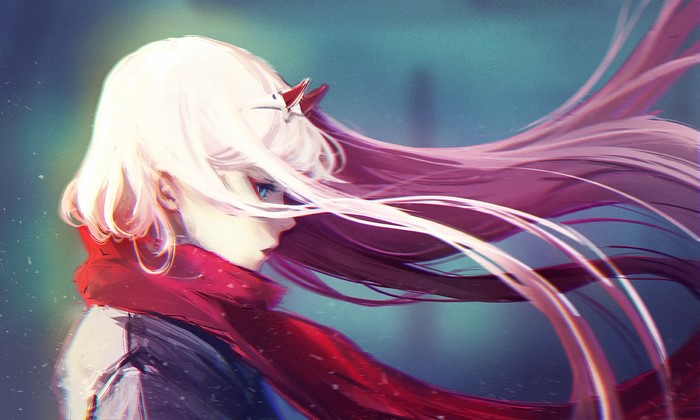 Zero Two from Darling in the FranXX with white and pink hair