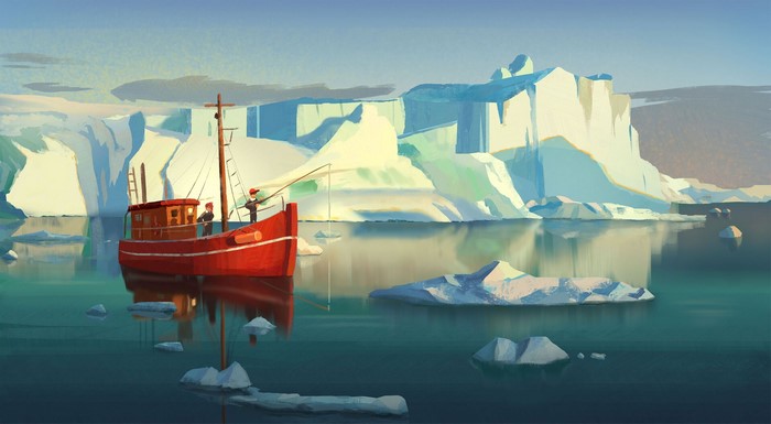 Fishing boat among icebergs by CanLiang Huang