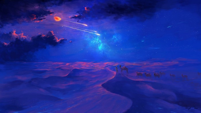 Camels and travelers under a starry desert sky with shooting stars