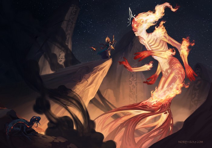 Fantasy artwork of a fire creature and a warrior