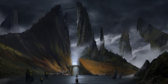 Fantasy landscape with rocky spires and a village