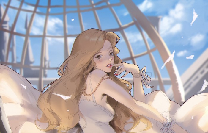Fantasy girl with long hair in a white dress