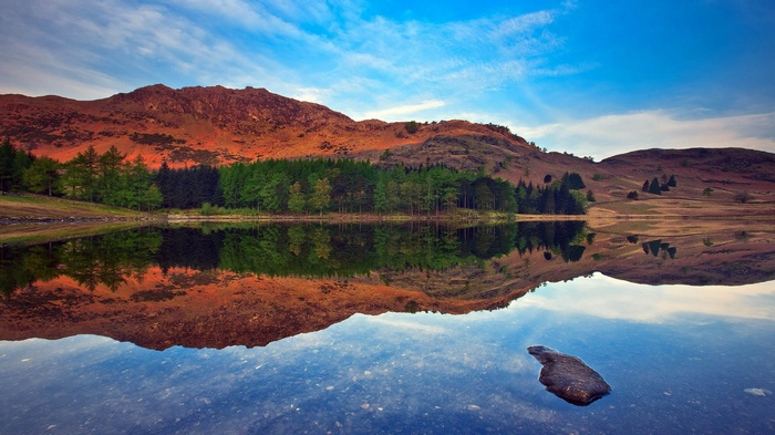 Mountain reflection in a lake at sunset