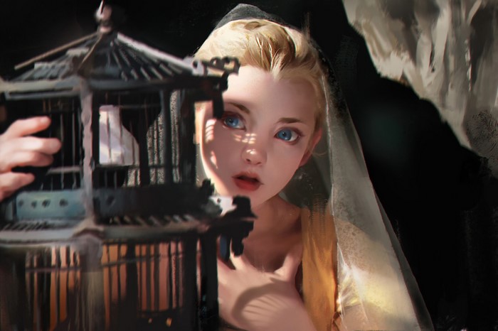 Fantasy art of a girl with blue eyes and a birdcage