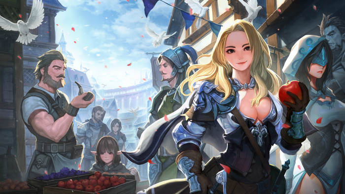 Fantasy adventurers in a medieval town market
