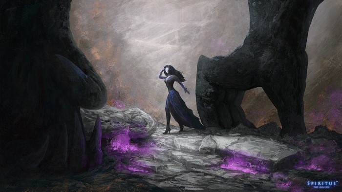 Woman in a dark dress in a rocky landscape