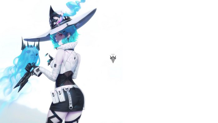 Anime girl with blue hair and witch hat holding a gun
