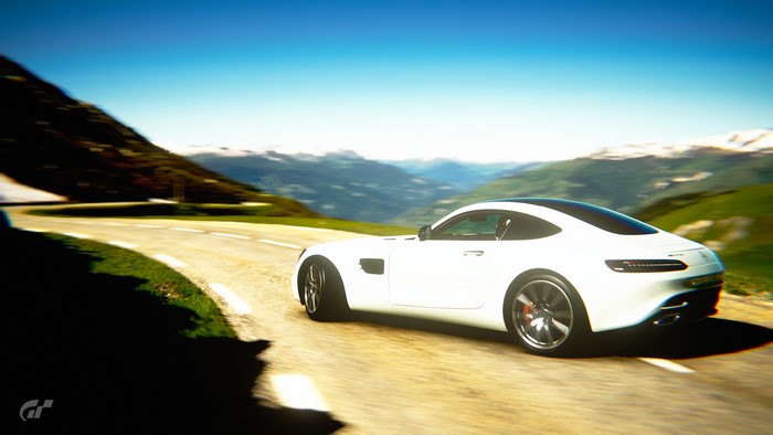 White Mercedes-AMG GT on a mountain road, Gran Turismo Sport