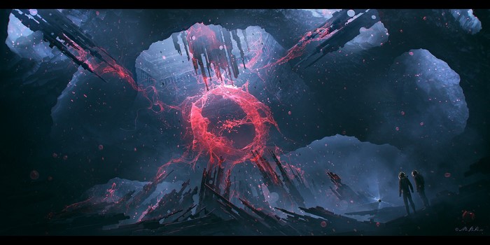 Astronauts observe a glowing red portal in a cavern