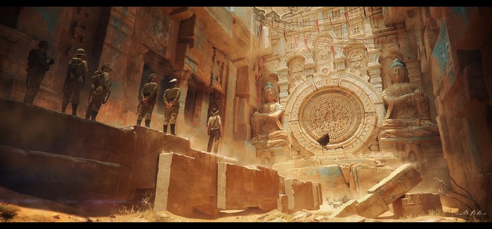 Soldiers and adventurer in ancient temple ruins