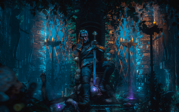 Geralt of Rivia from The Witcher sitting on a throne
