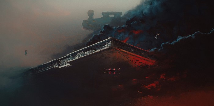 Star Wars Star Destroyer and X-wing in clouds