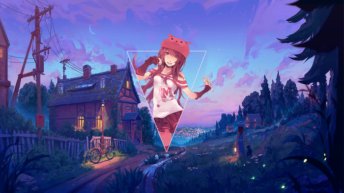 Anime girl in a pink hat and outfit in a village at dusk