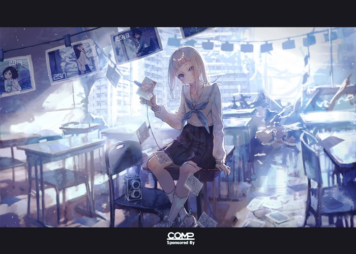 Anime girl in school uniform in a classroom with photos