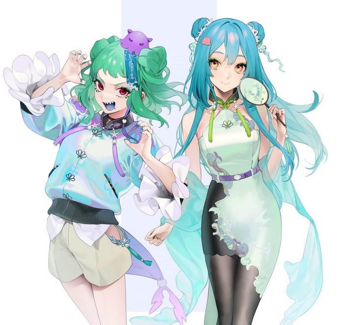 Two anime girls with blue and green hair
