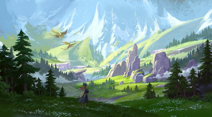 Fantasy landscape with dragons flying over mountains and a girl