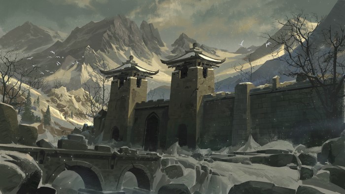 Fantasy art of a snowy mountain pass with a fortified gate