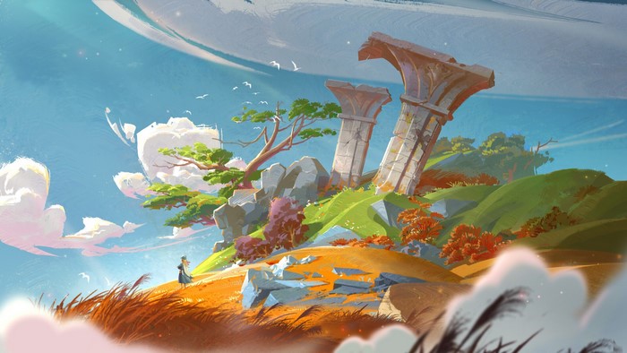 Fantasy ruins on a grassy hill with clouds