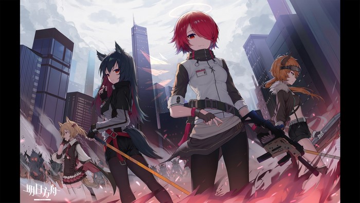 Anime girls with weapons in a city
