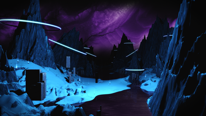 Alien landscape with glowing lights and mountains
