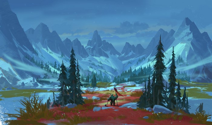 Fantasy character with flag in snowy mountain valley