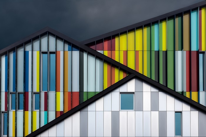 Colorful modern building facade with geometric patterns