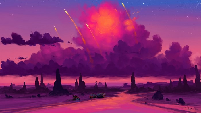 Digital art of rockets in a pink and purple sky