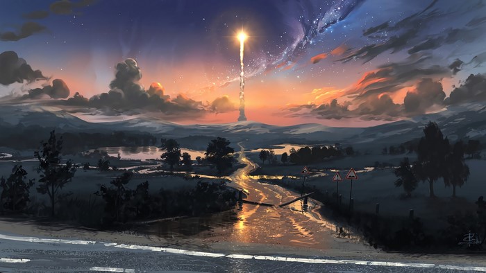 Rocket Launch at Sunset with Stars and Clouds