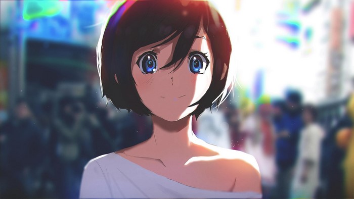 Anime girl with short hair and blue eyes in a crowd