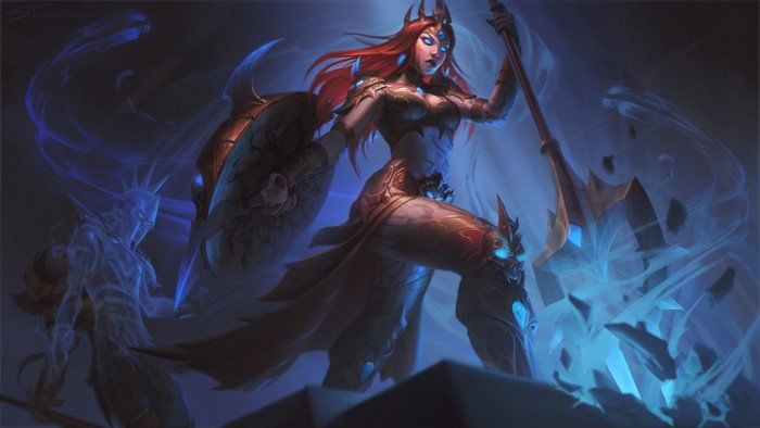 Female warrior with spear and shield, spectral figure