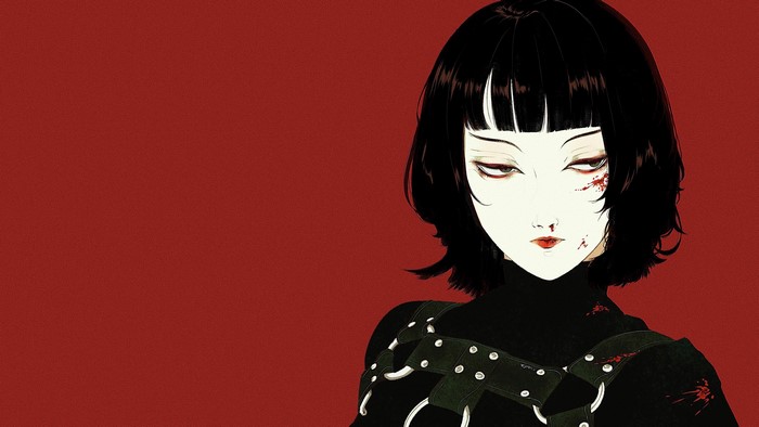 Anime girl with black hair and red background