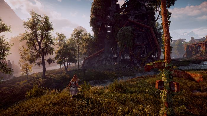 Aloy from Horizon: Zero Dawn in a ruined landscape