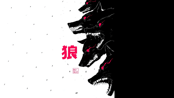Digital fan art of wolves with Chinese character
